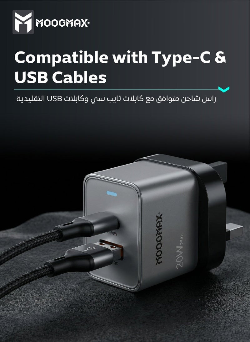 موجماكس شاحن جداري 20 واط. شاحن سريع وامان ضد الجهد الزائد. شاحن جداري بمنفذين شحن (تايب سي & يو اس بي). راس شاحن تايب سي يدعم الشحن السريع PD. فيش تايب سي و يو اس بي باللون الرمادي. شاحن ايفون، سامسونج، هواوي، وغيره من الأجهزة المدعومة. - Image 4